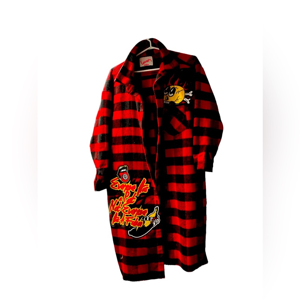 Totally Rad, Large Long red and black plaid coat, calf length. With graphics.